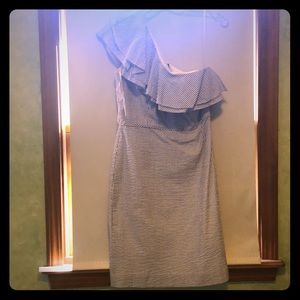 JCrew Seersucker Blue and white One shoulder dress